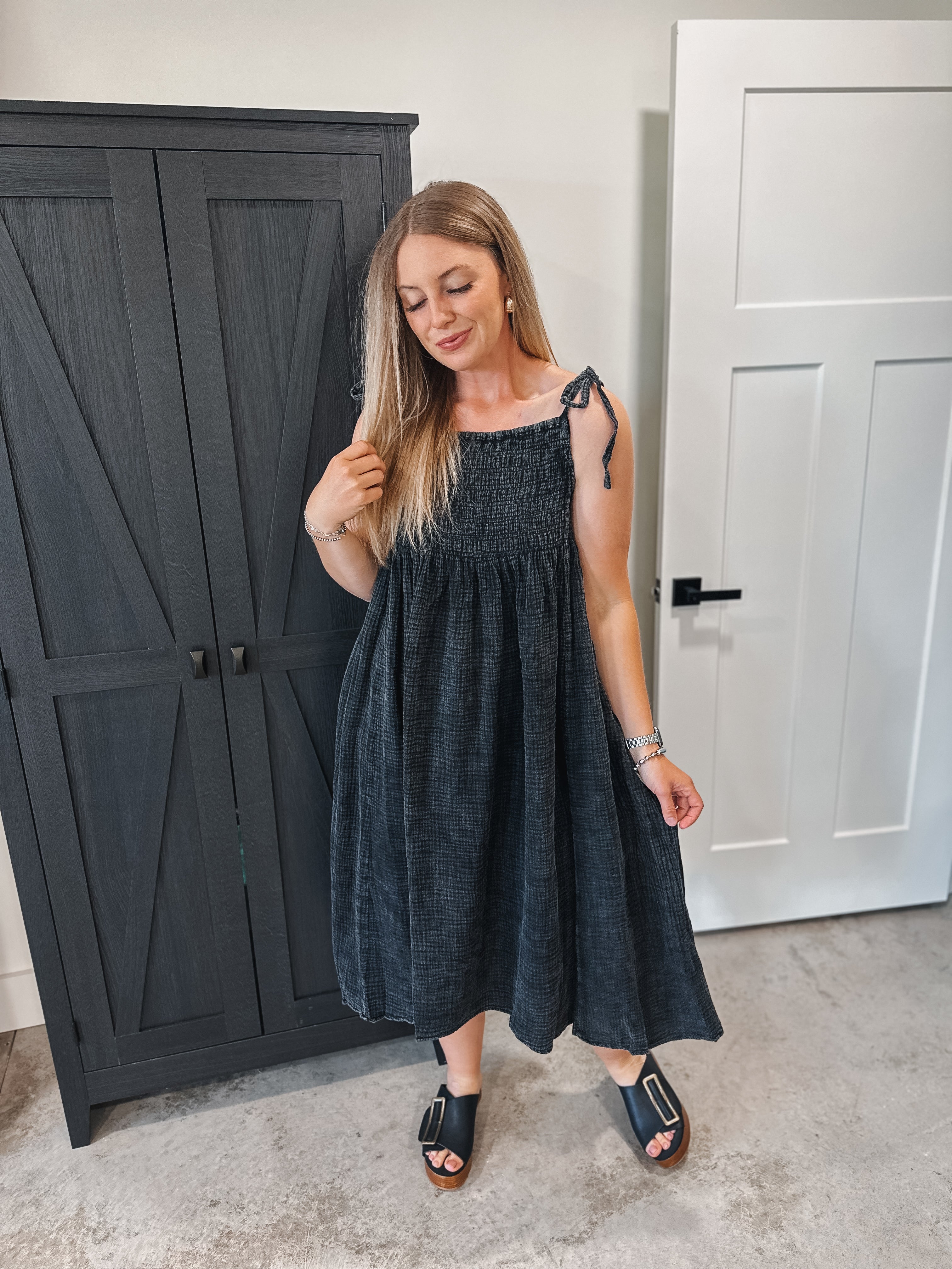 Black Mineral Wash Midi Dress