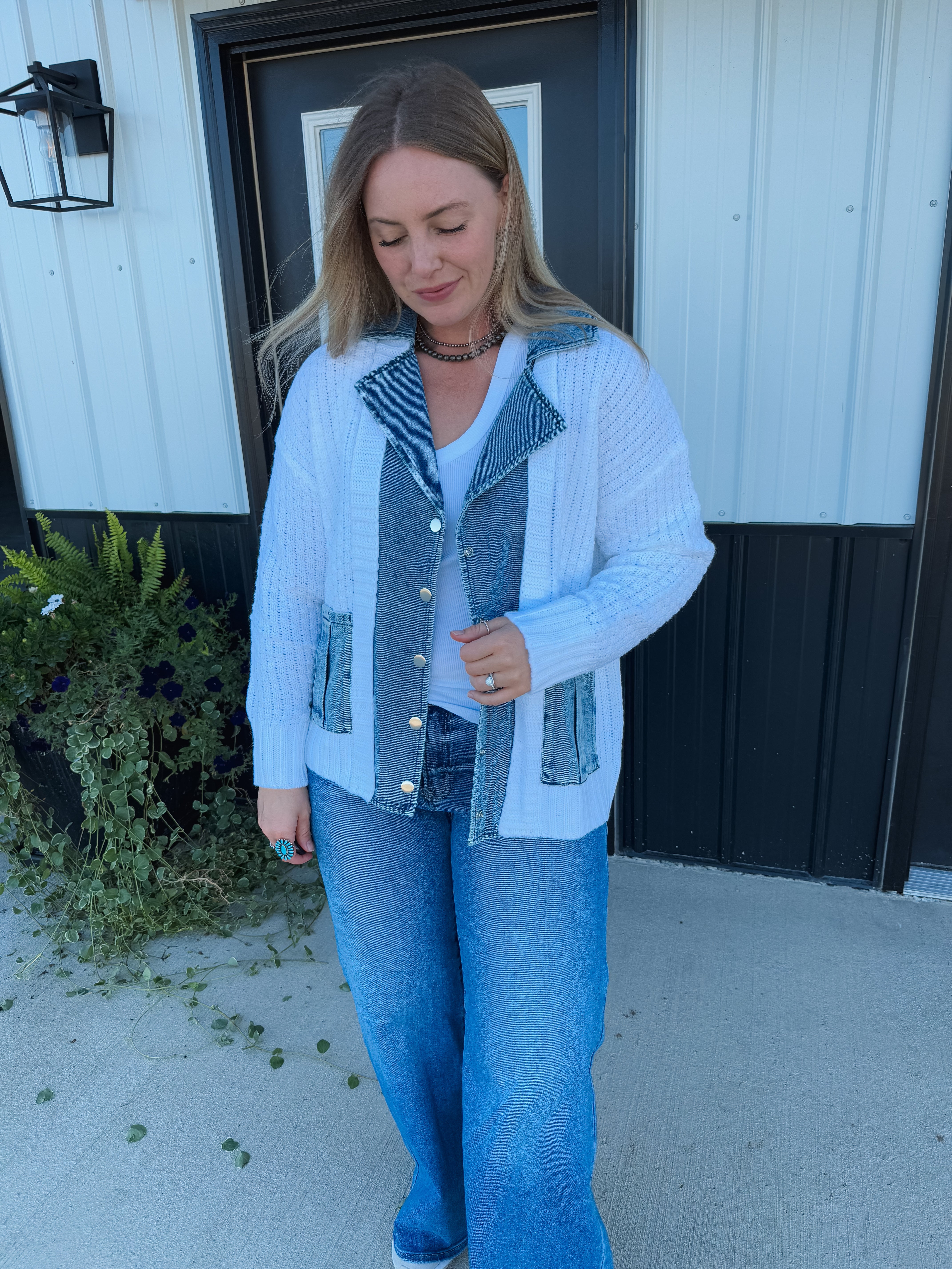 Knit and Denim Cardigan