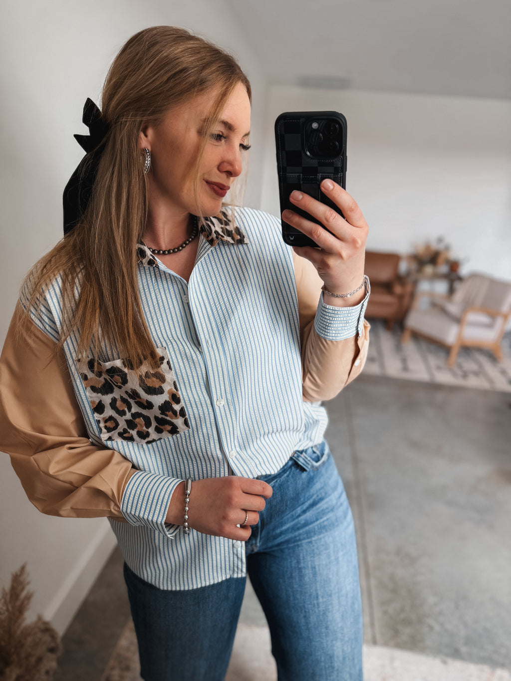 Leopard and Striped Button Down