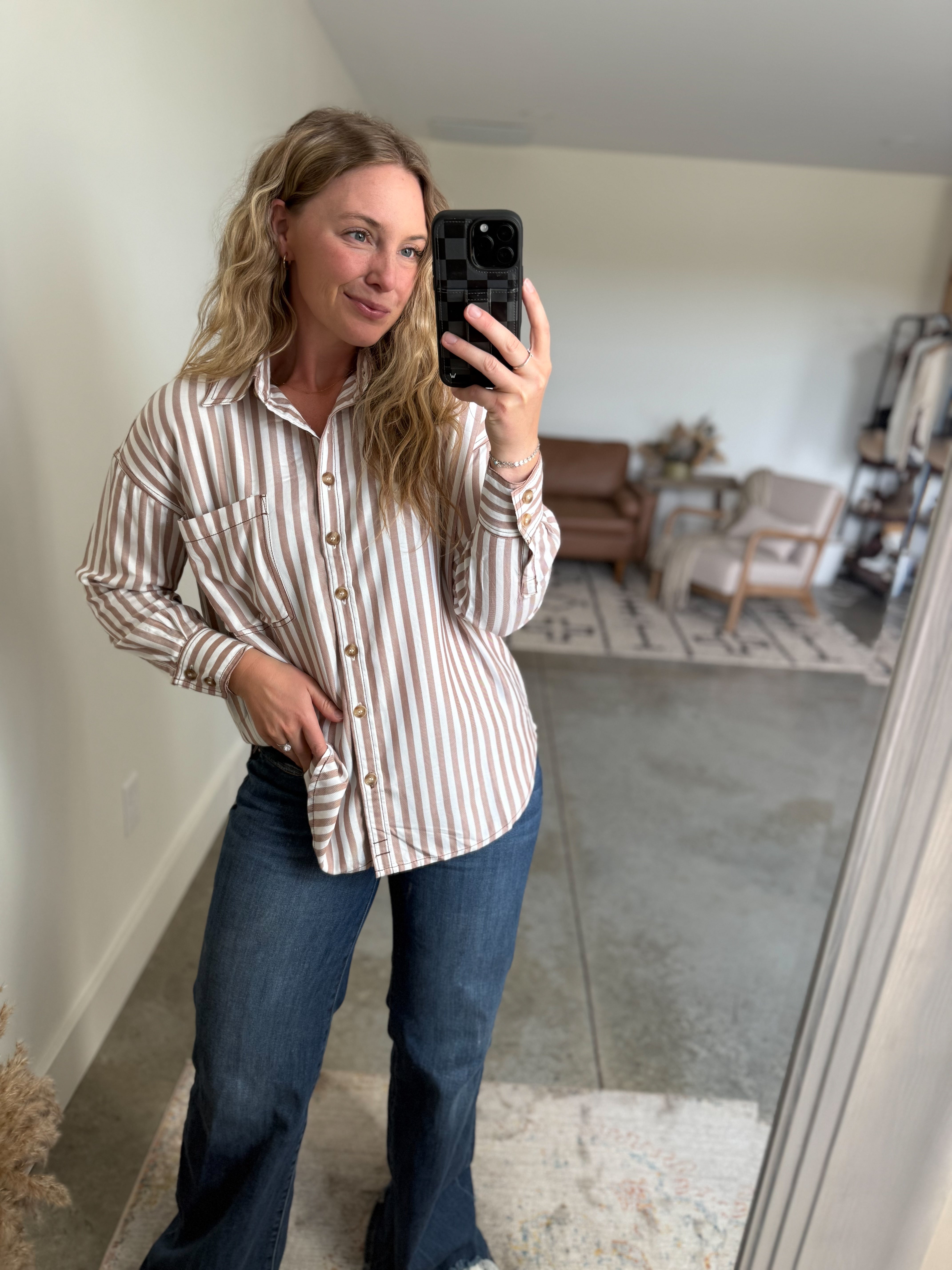 Beige Striped Button Down