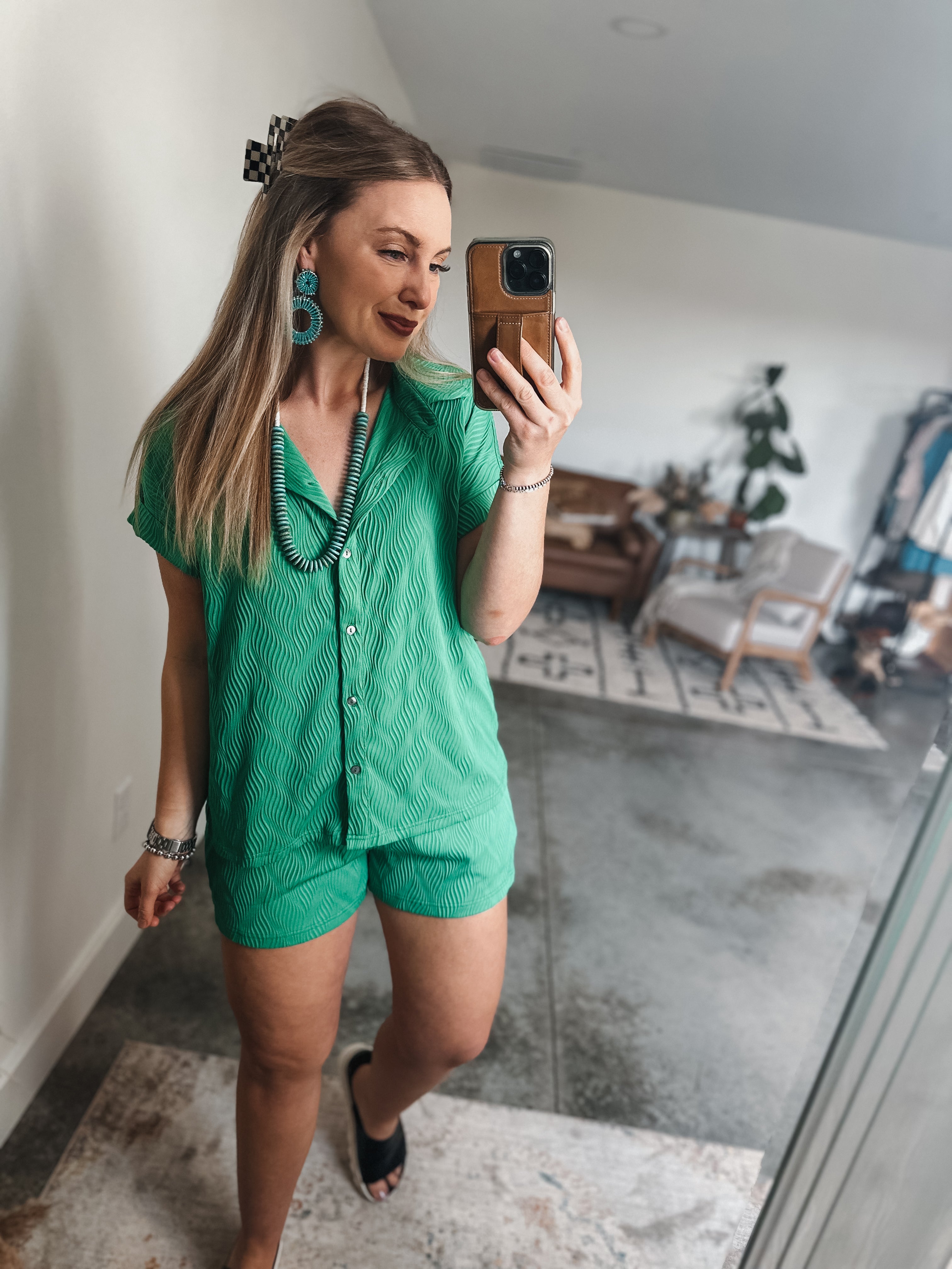 Green Textured Shorts