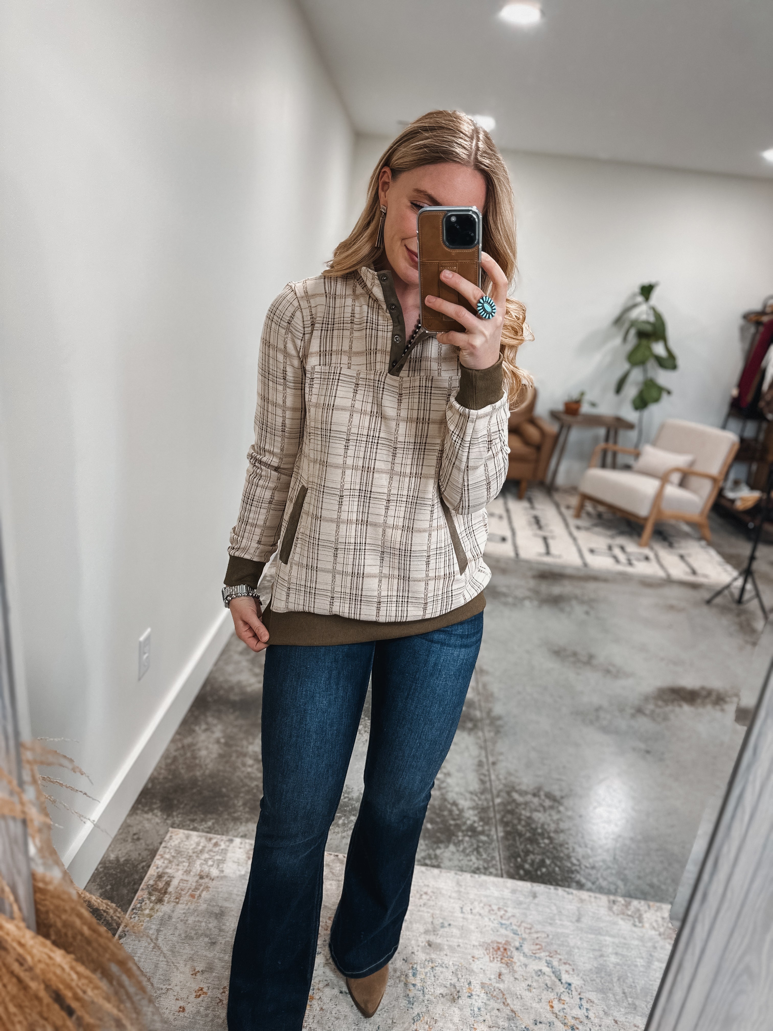 Plaid Henley Button Pullover