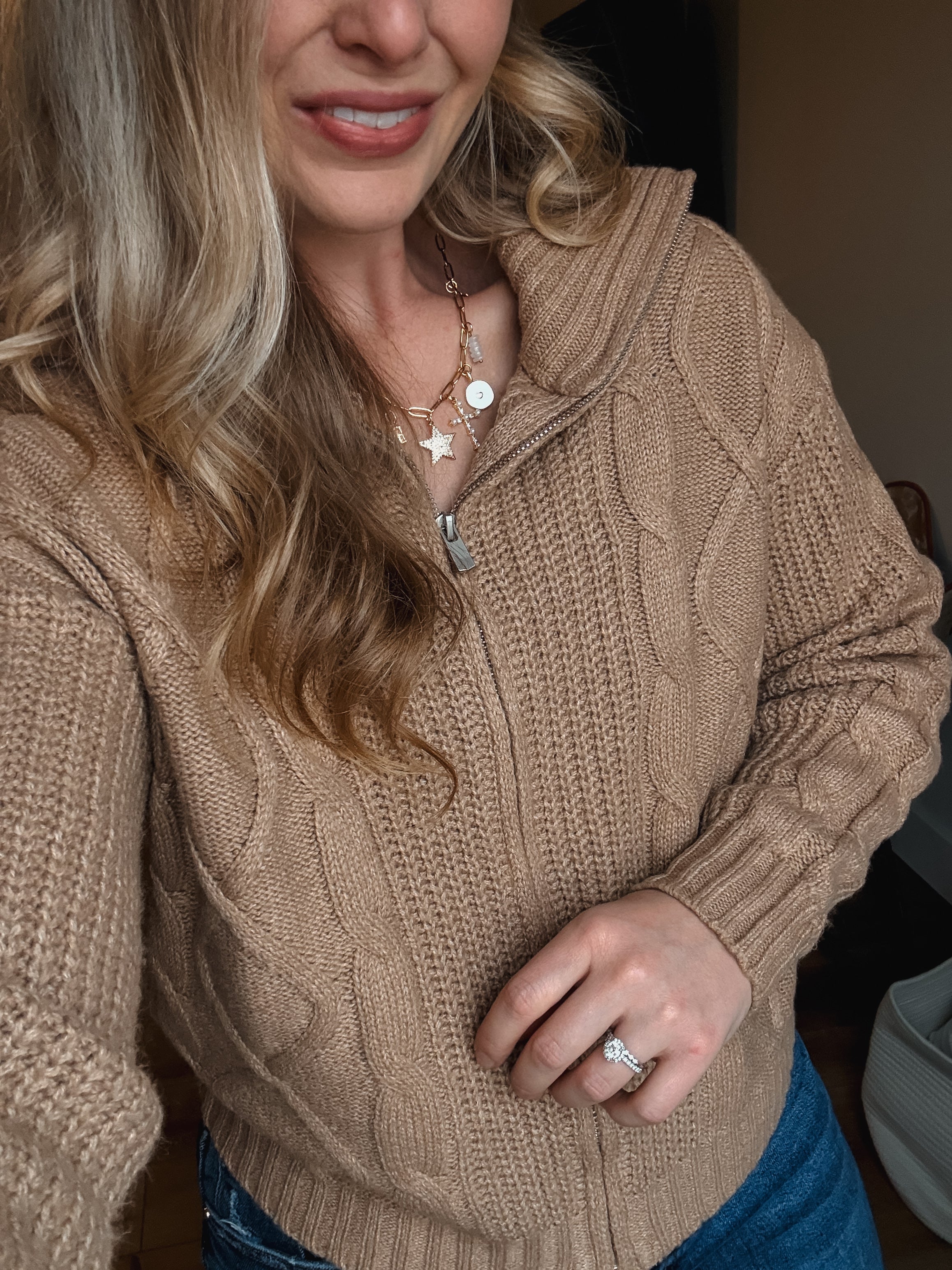 Camel Knit Zip Sweater