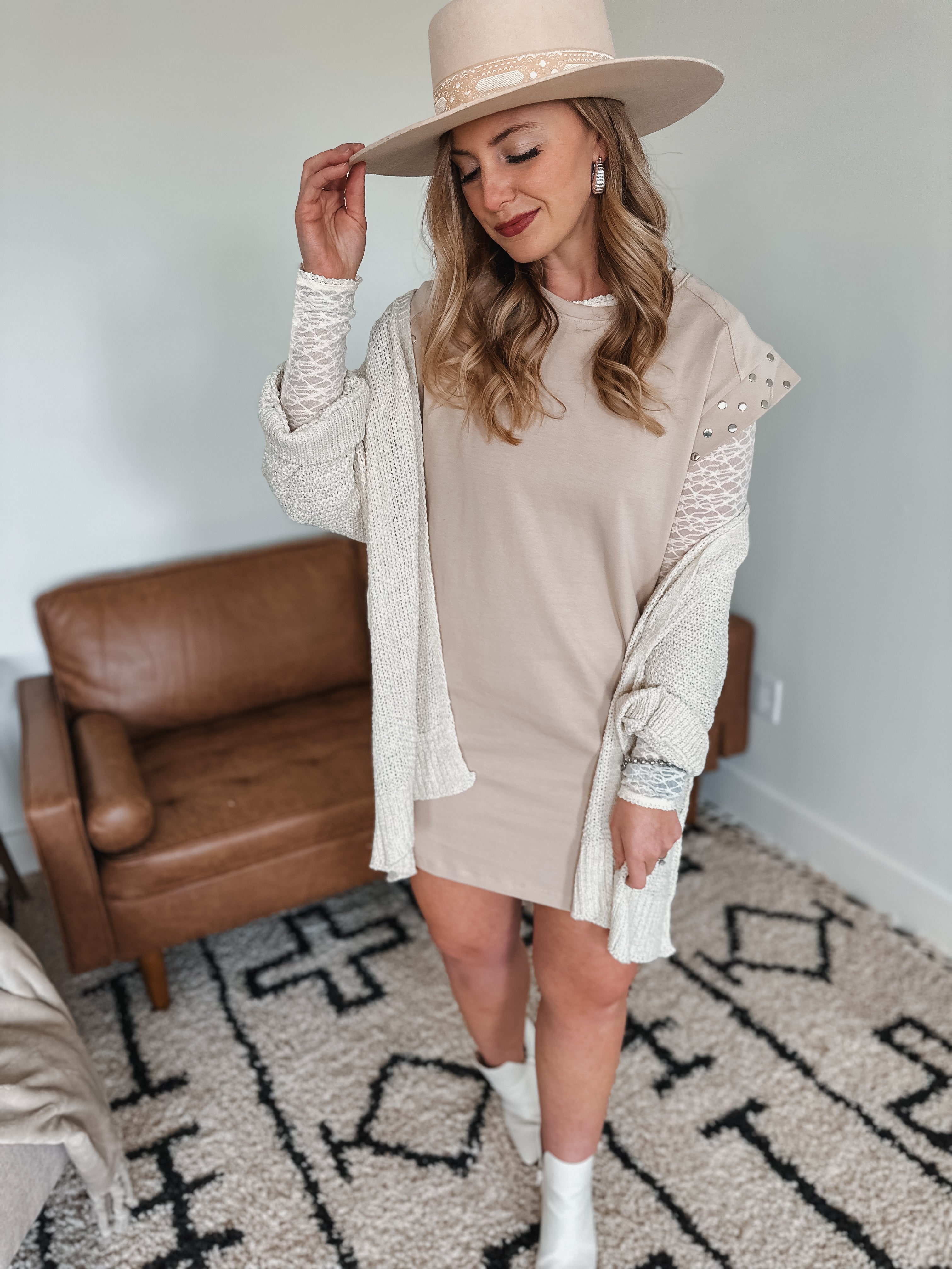 Beige Studded Sleeve Dress