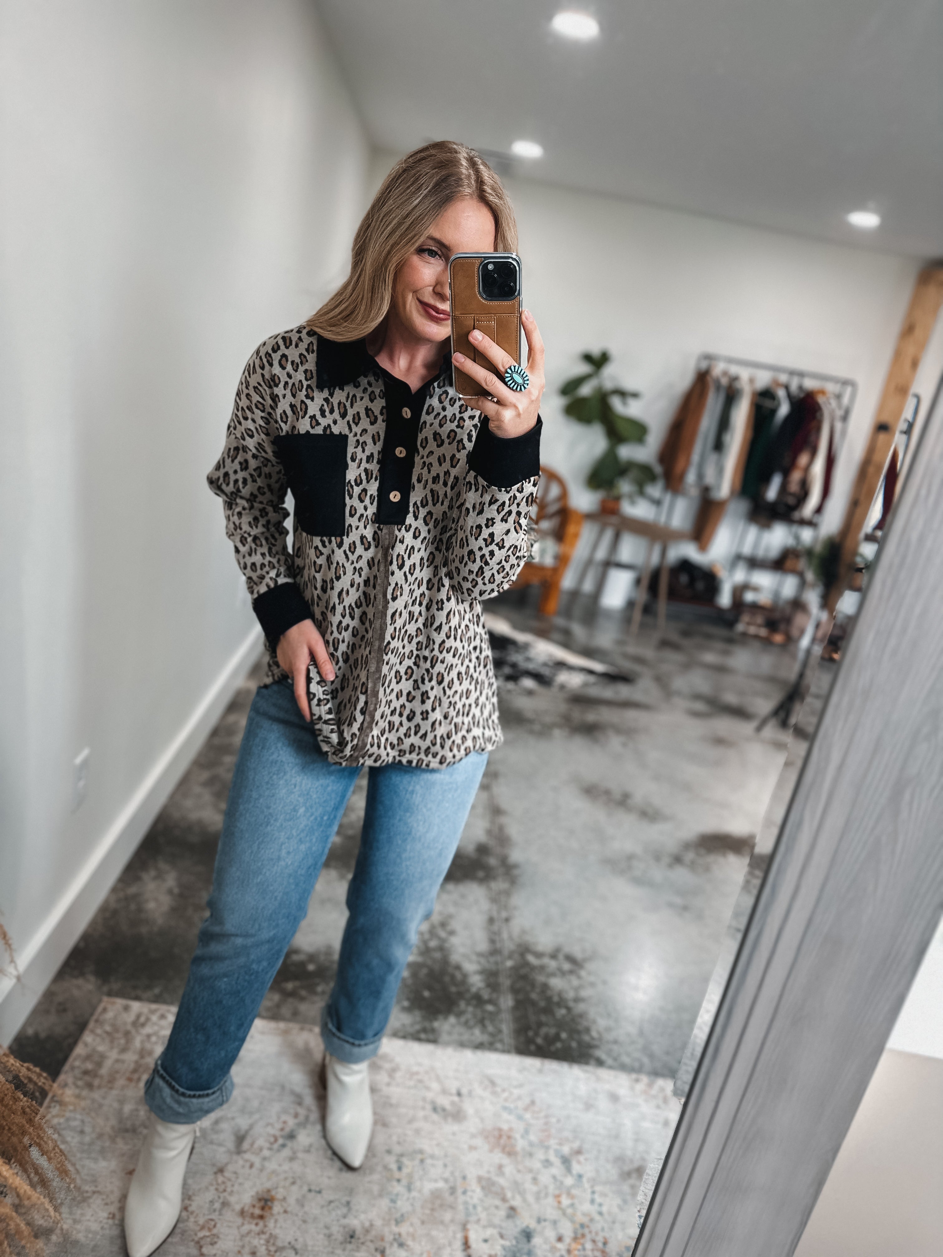 Leopard Henley Pullover
