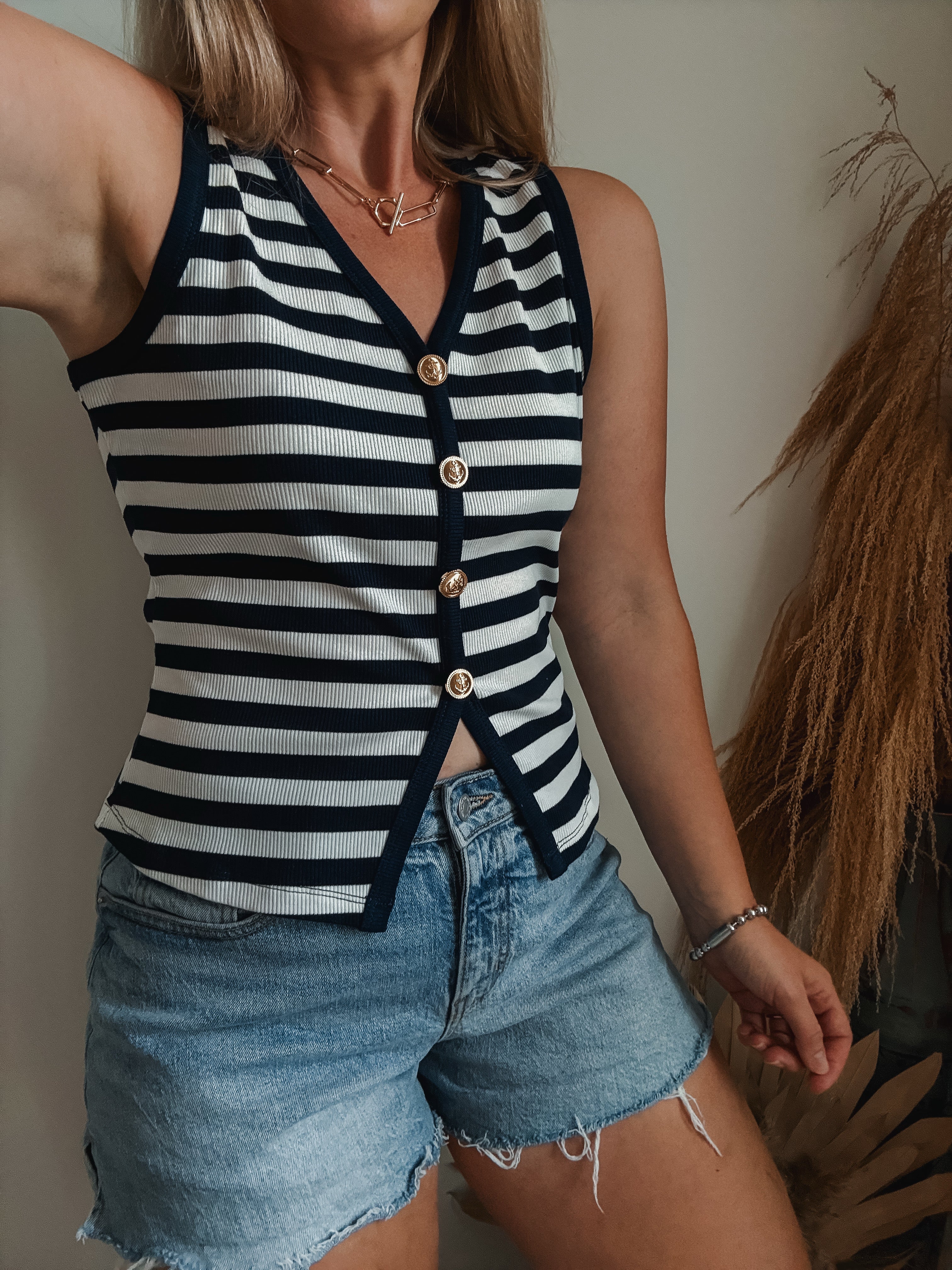 Navy Striped Button Tank