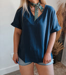Dolman V-Neck Blouse: Navy