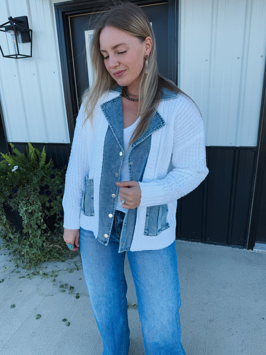 Knit and Denim Cardigan