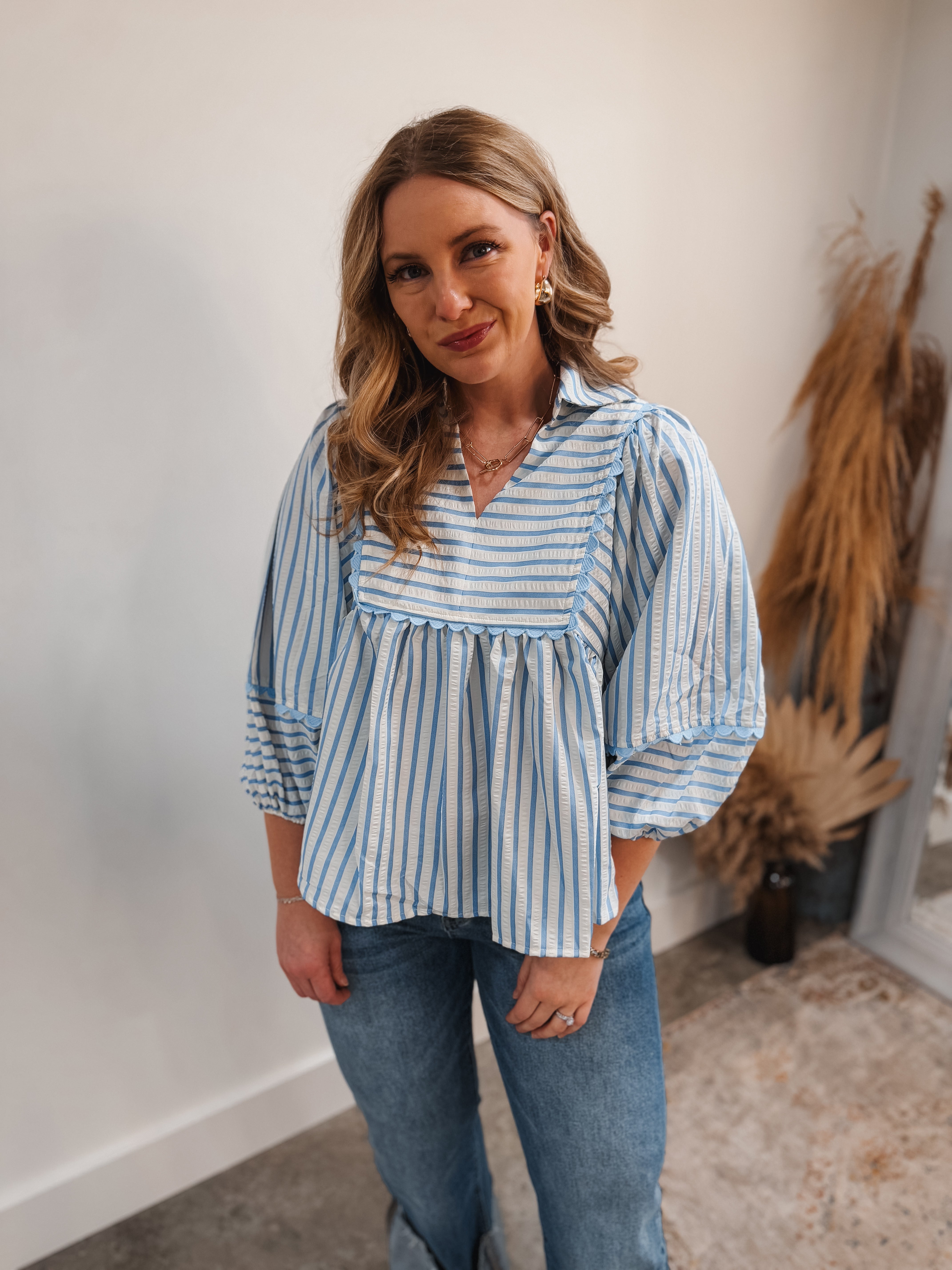 Blue Striped Babydoll Top