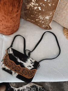 Tooled Leather and Cowhide Bag:Black