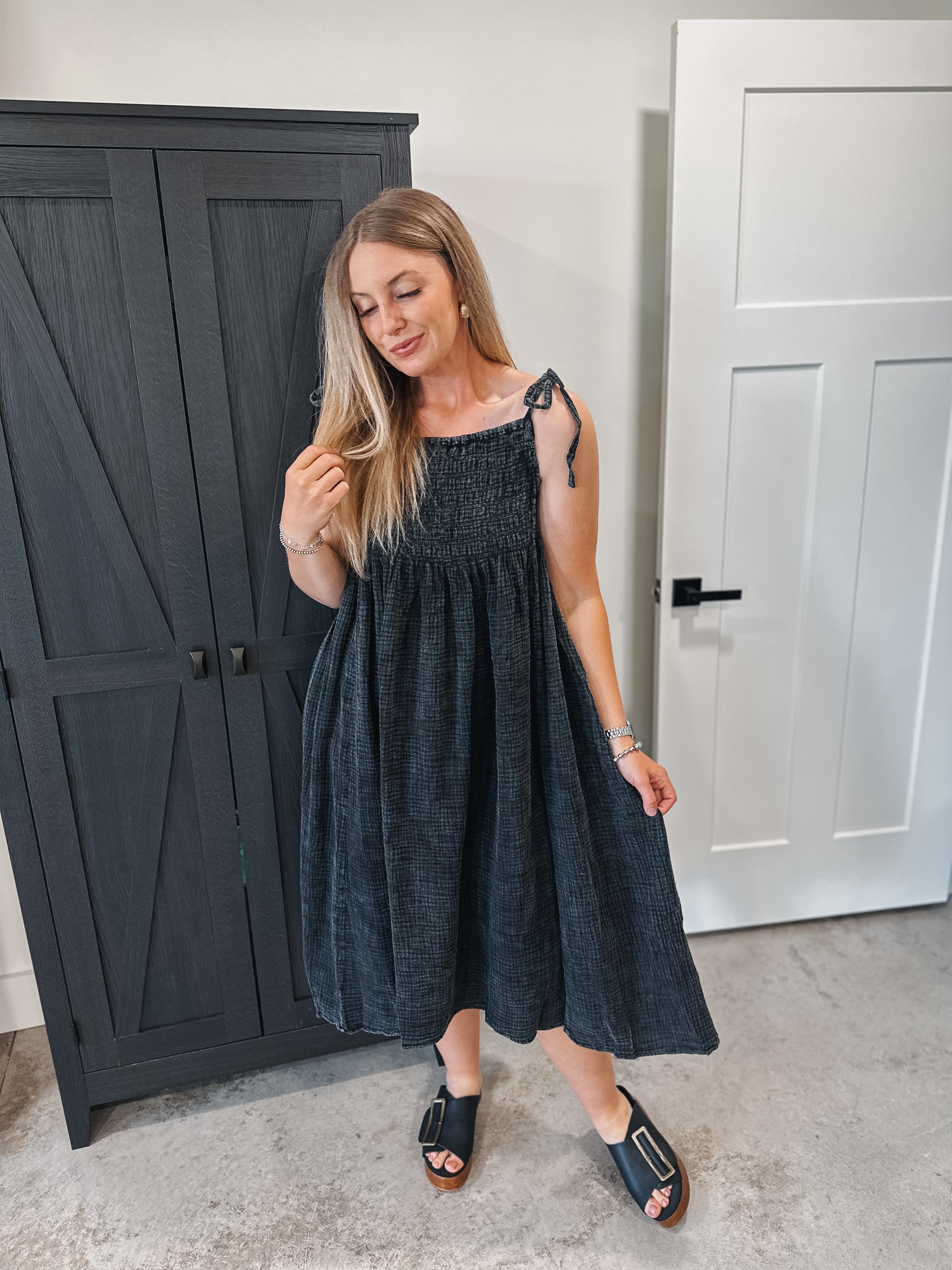 Black Mineral Wash Midi Dress