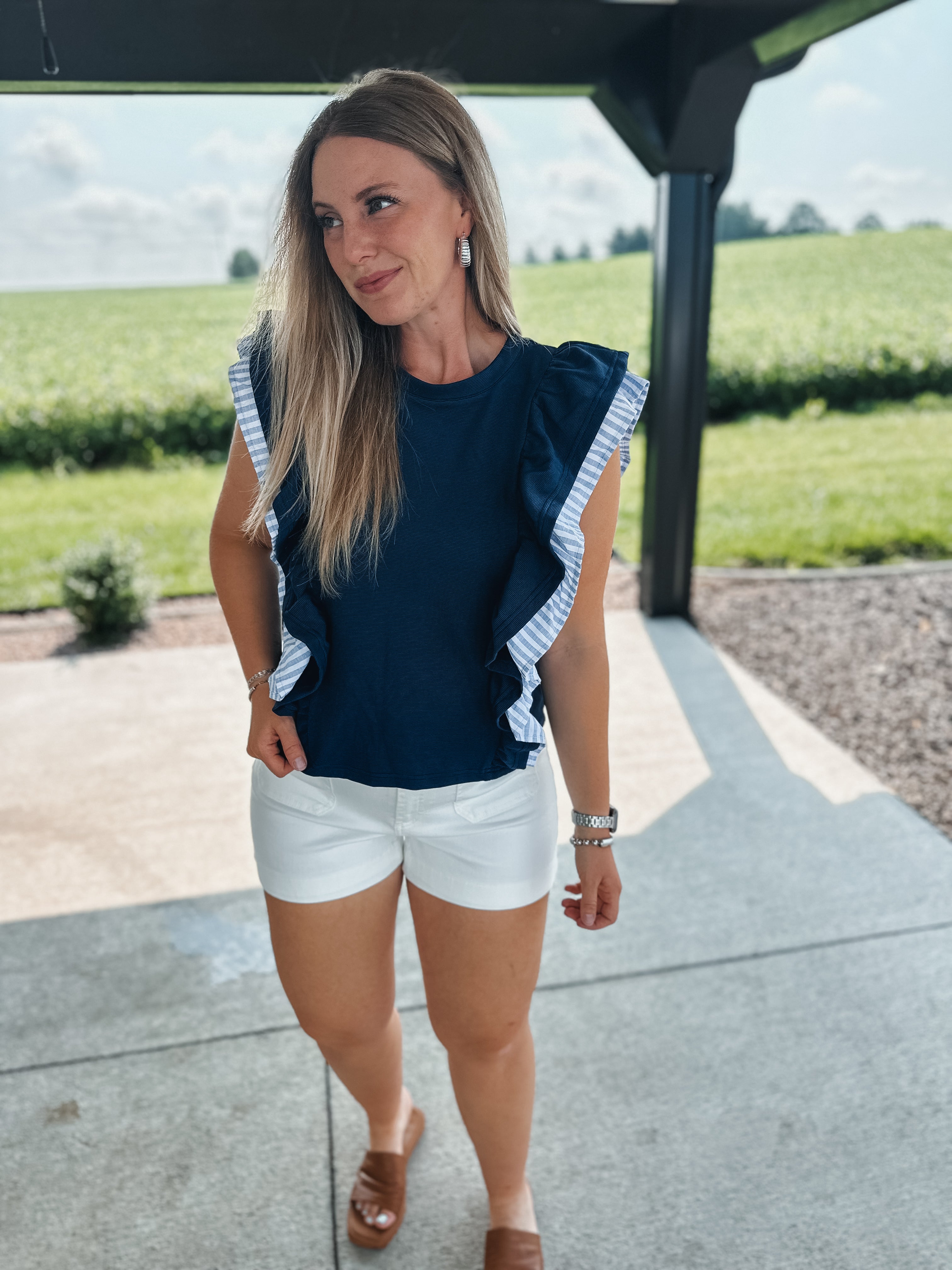 Navy Ruffle Top