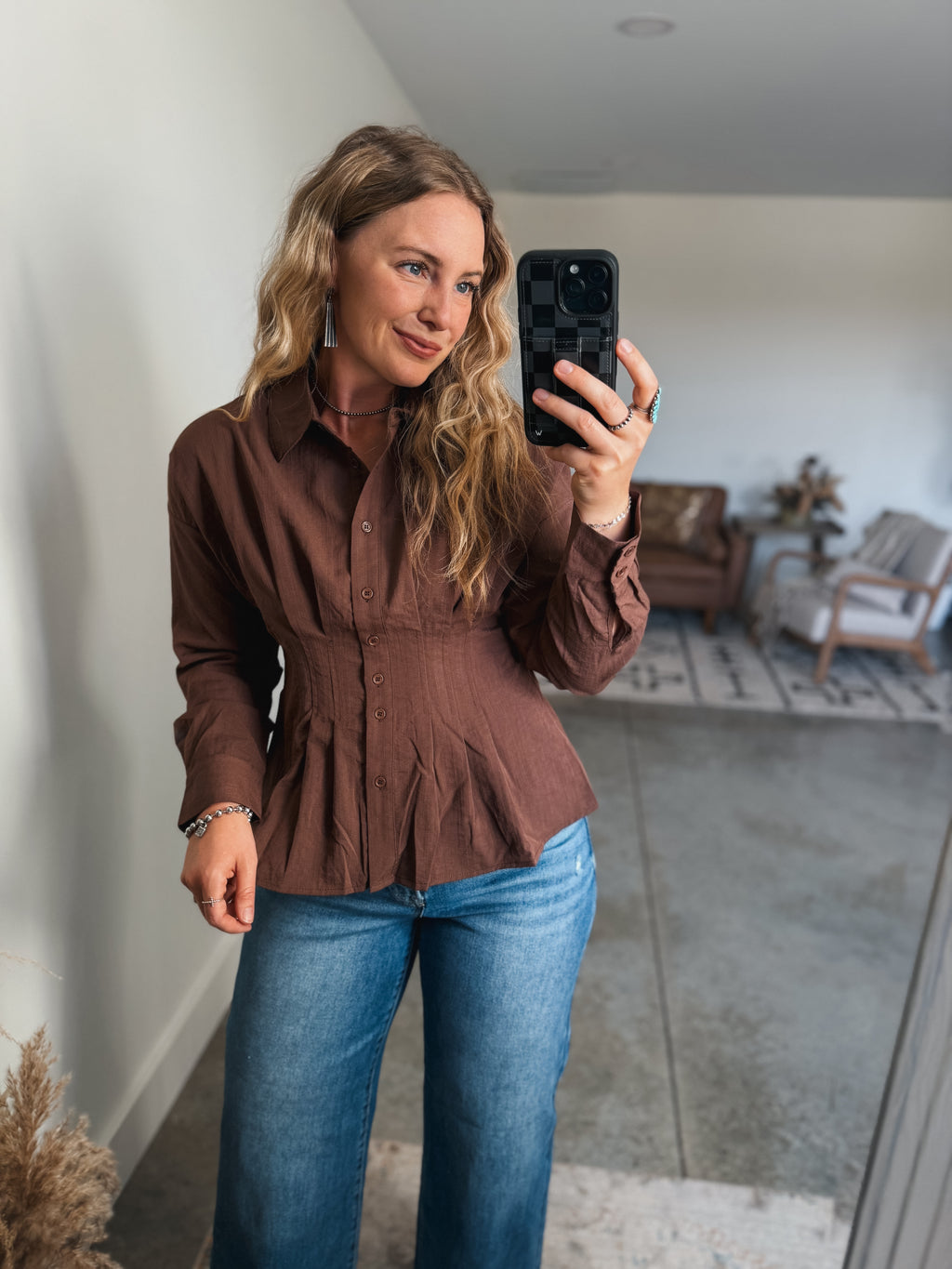Brown Peplum Button Down