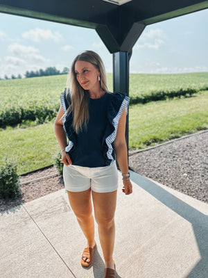 Navy Ruffle Top