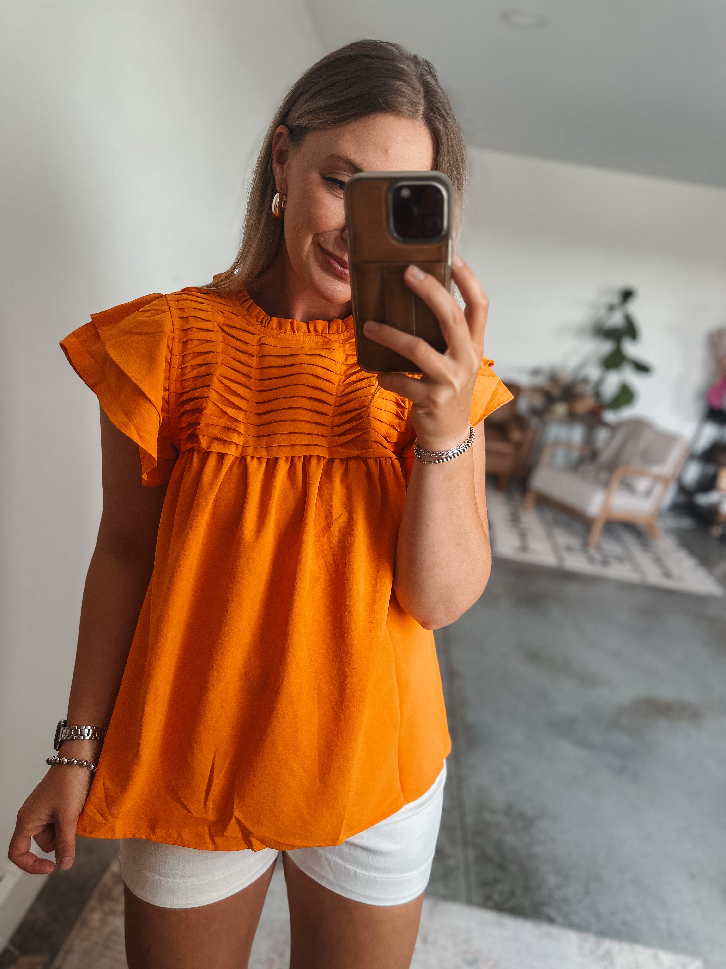 Orange Pleated Blouse