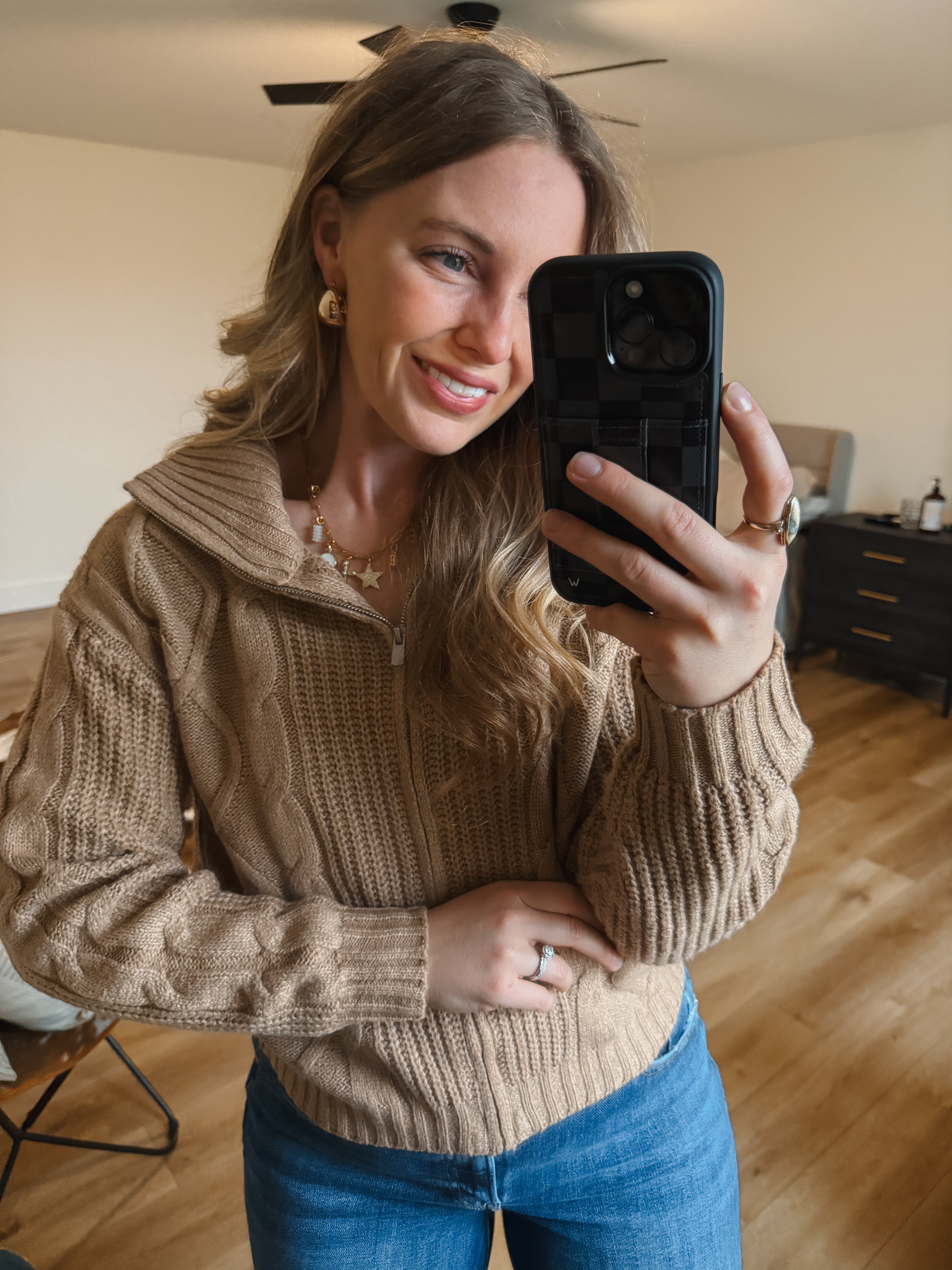 Camel Knit Zip Sweater