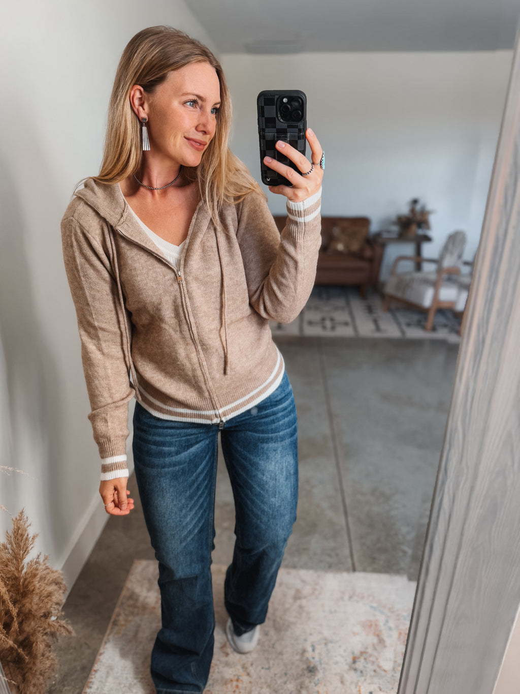 Tan Knit Zip Up Sweater