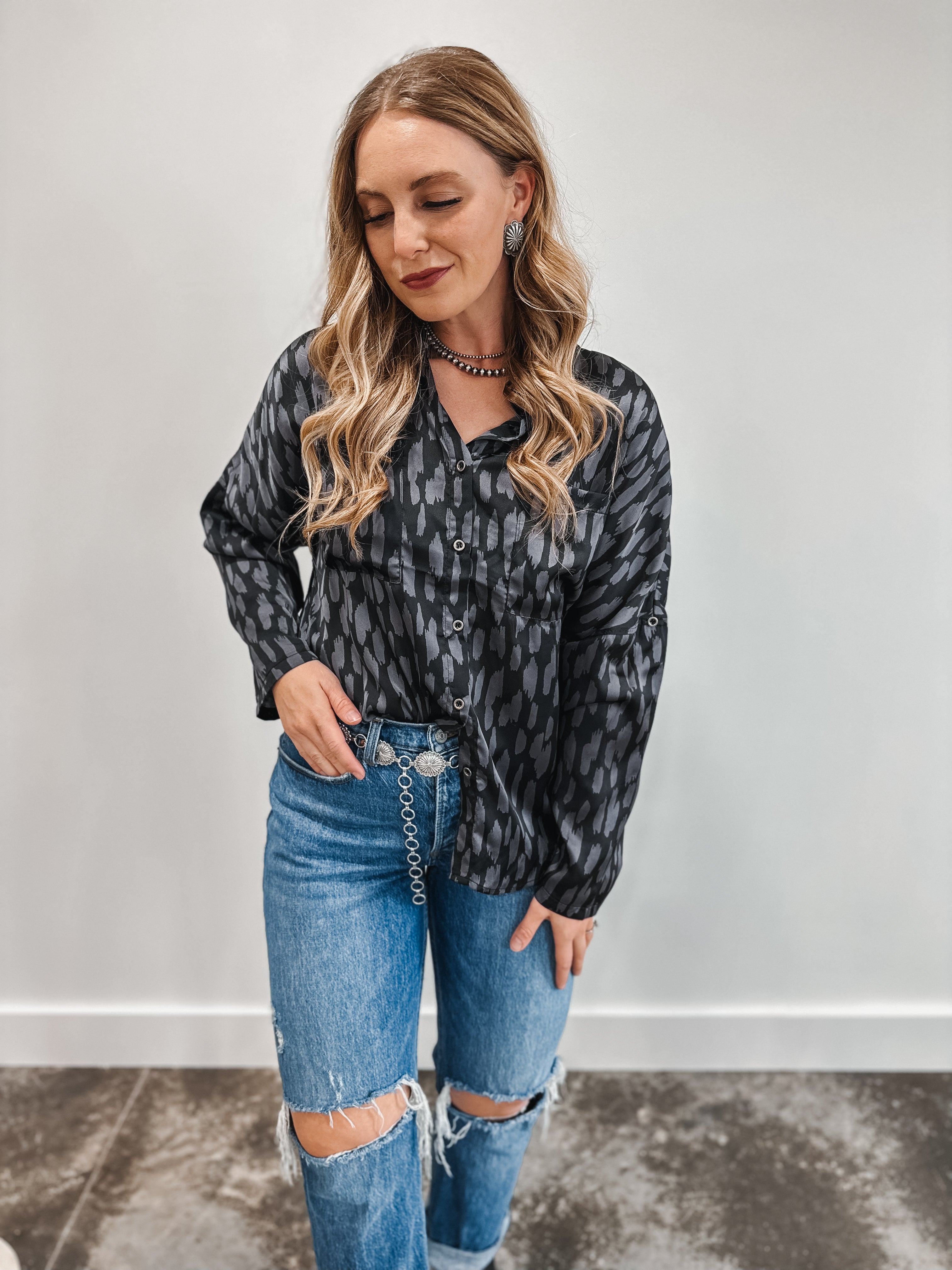 Black Abstract Button Down